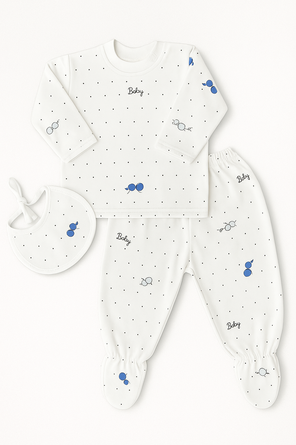Baby White & Blue Bow Print 3-Piece Set with Bib