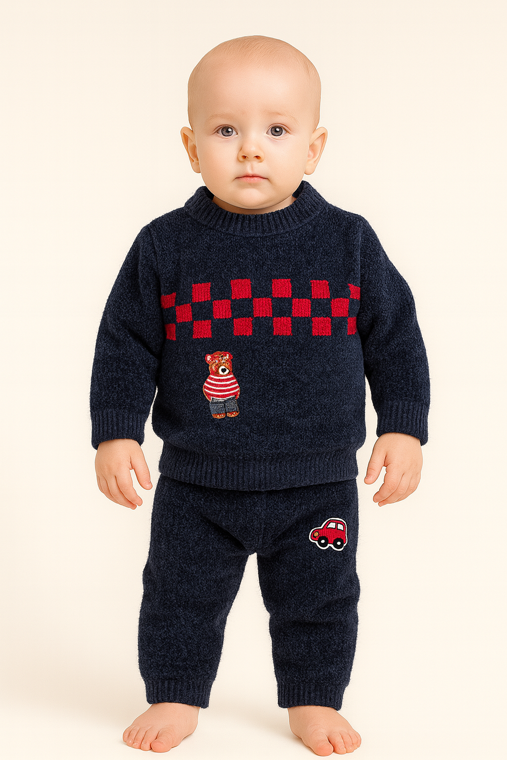 Navy Blue Knit Sweater & Pants Set with Bear Design (Imported stuff)