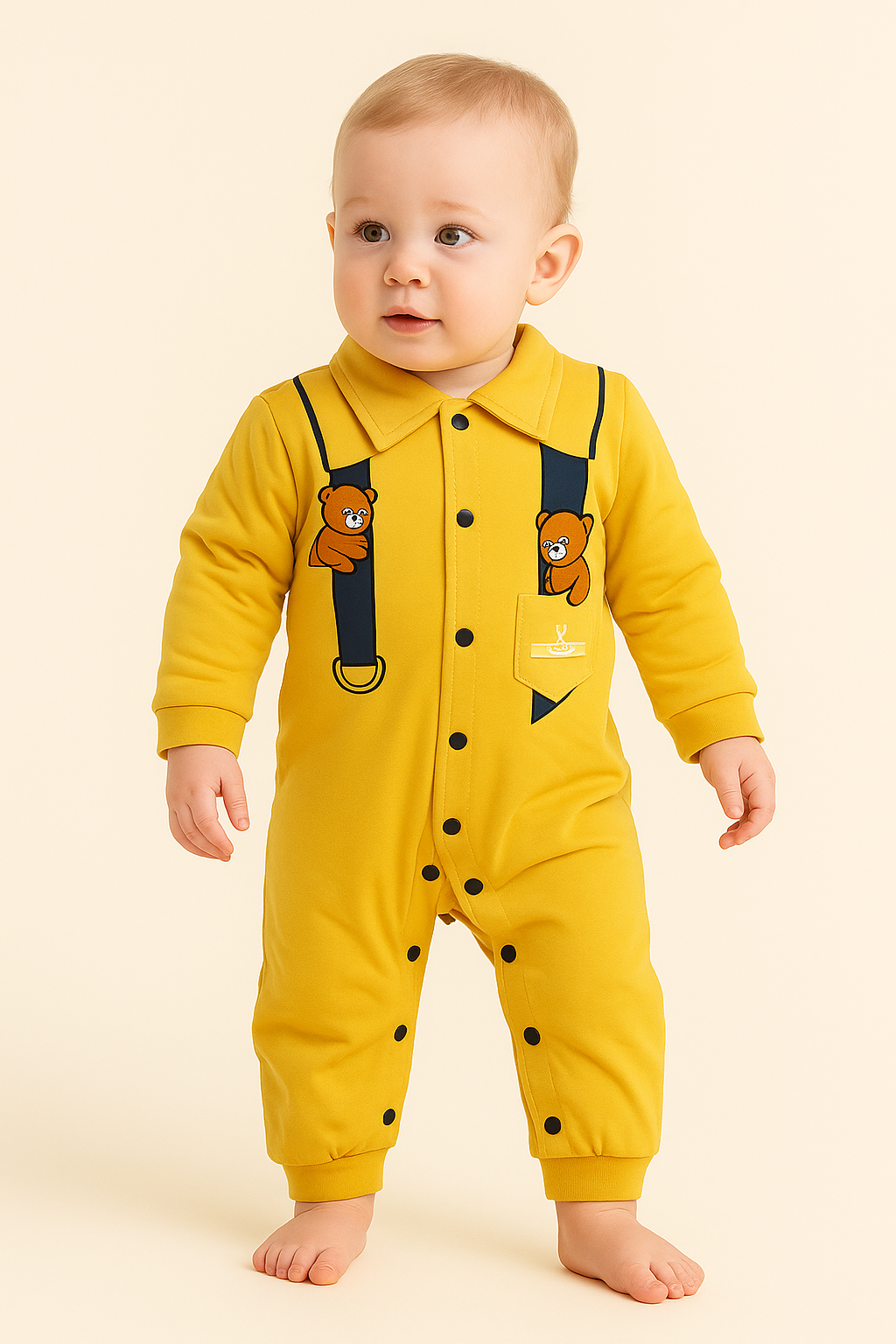 Mustard Yellow Baby Romper with Teddy Bear Design(Imported Stuff)