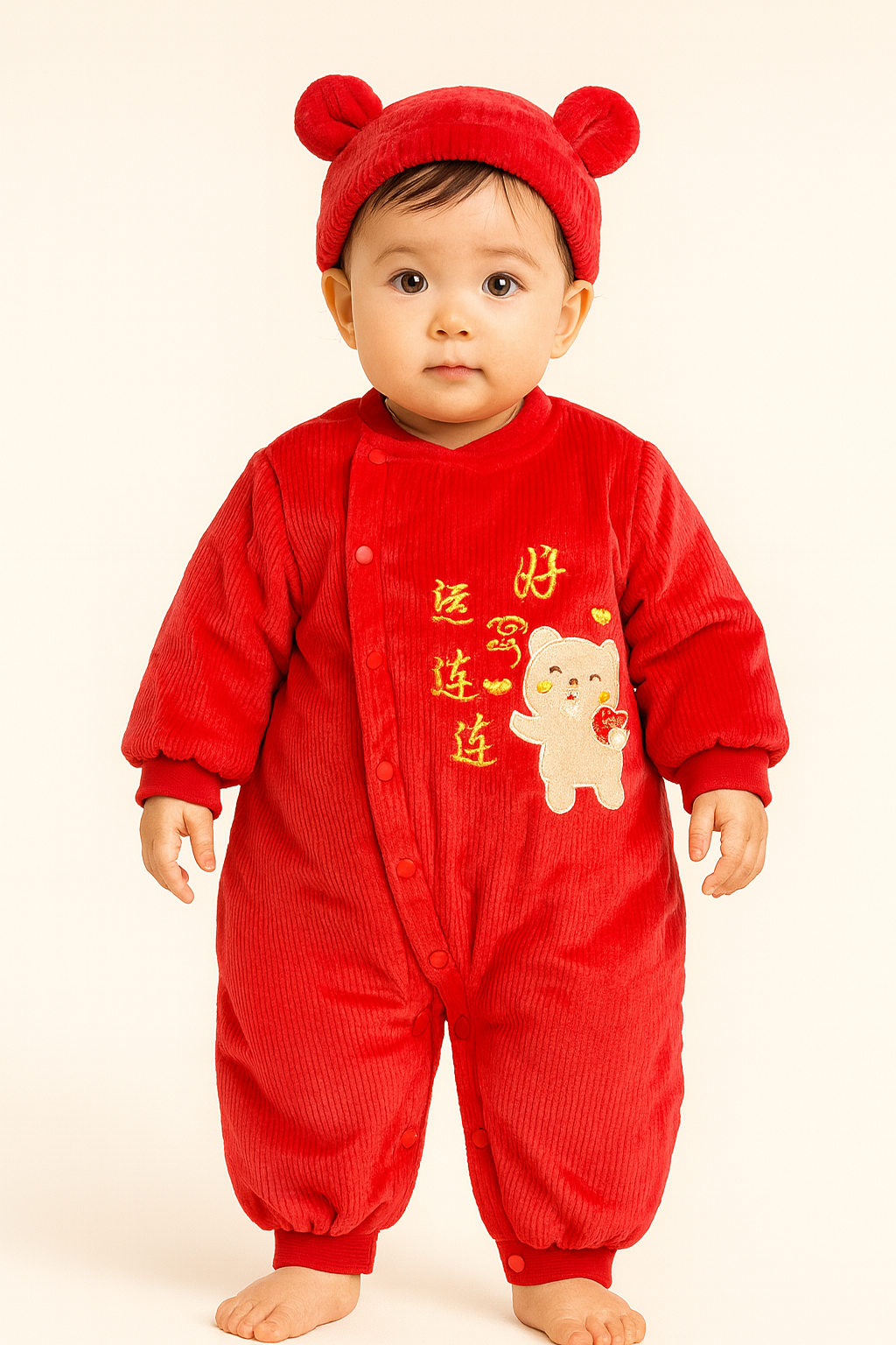 Red Corduroy Baby Romper with Teddy & Embroidery(Imported Stuff)