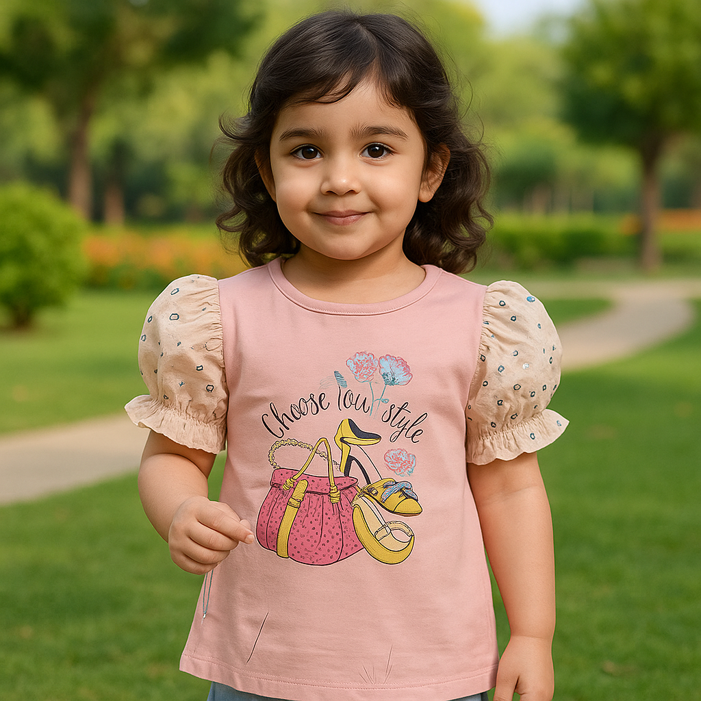 Net Sleeves Cotton T Shirt-Peachy Pink