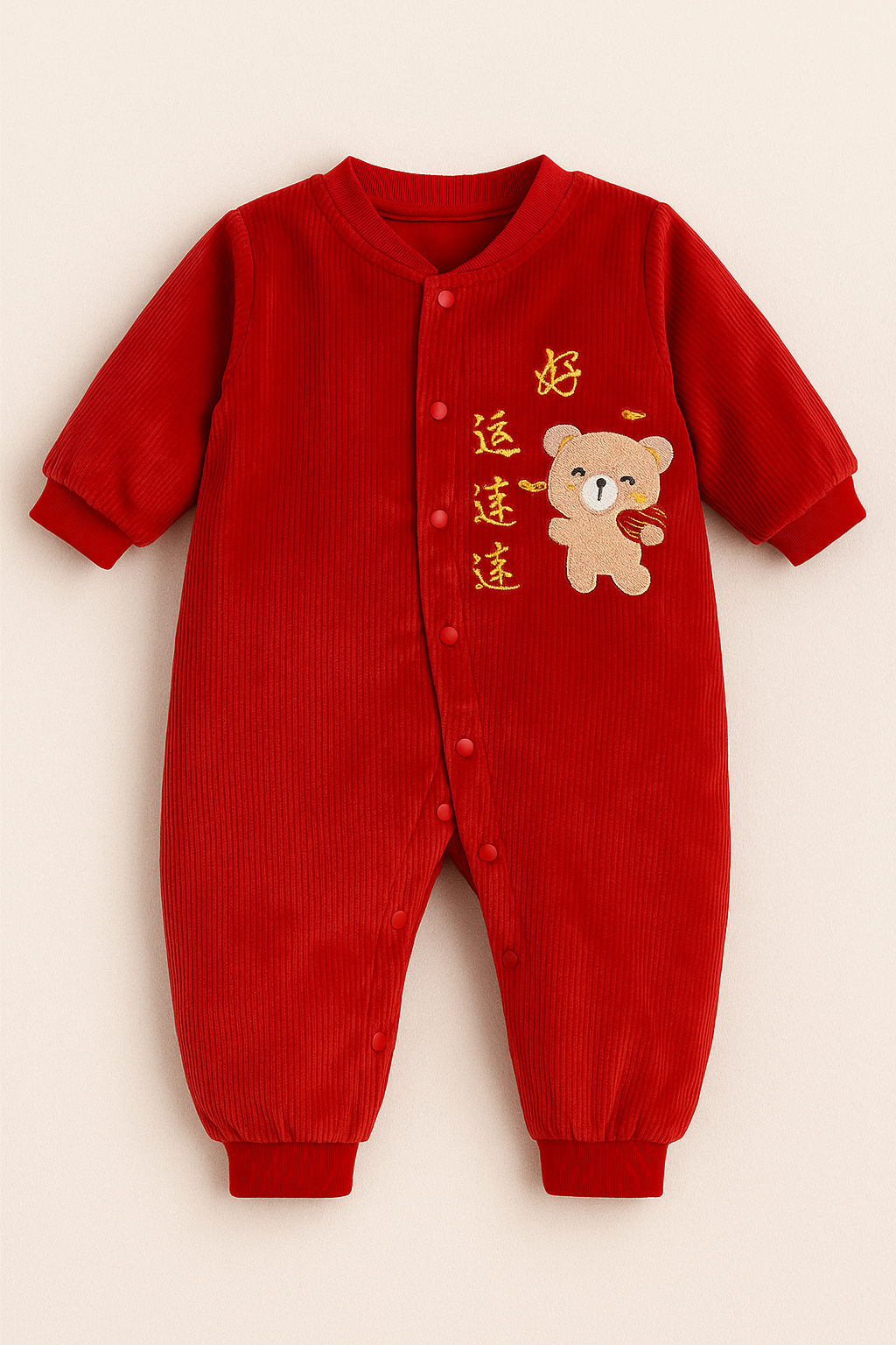 Red Corduroy Baby Romper with Teddy & Embroidery(Imported Stuff)
