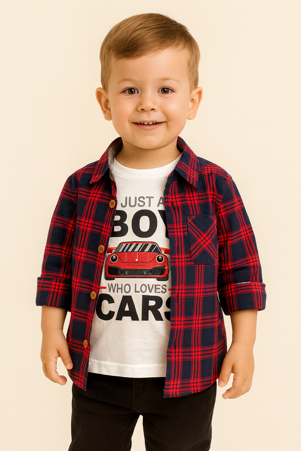 Boys Red & Navy Check Double Shirt: Regular Fit