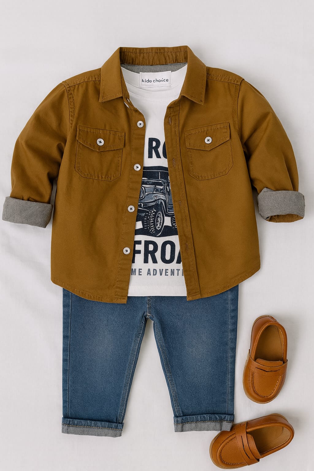 Boys Mustard Brown Casual Double Shirt: Regular Fit