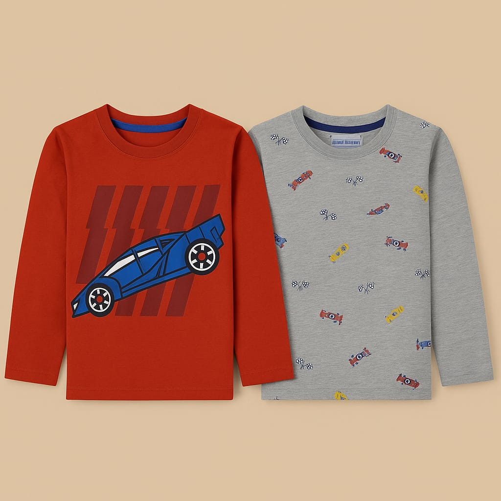 2-Pack Boys Car Print Full Sleeve T-Shirts: Mini Minors