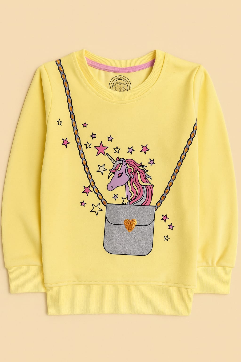 Girls’ Yellow Unicorn Sweatshirt – Magical Pocket Design