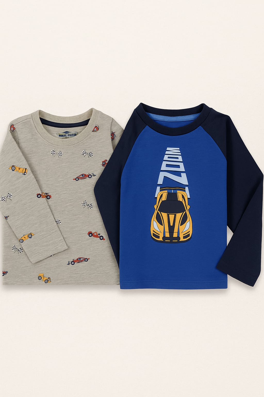 2-Pack Boys Car Print Full Sleeve T-Shirts: Mini Minors(Blue and Grey)
