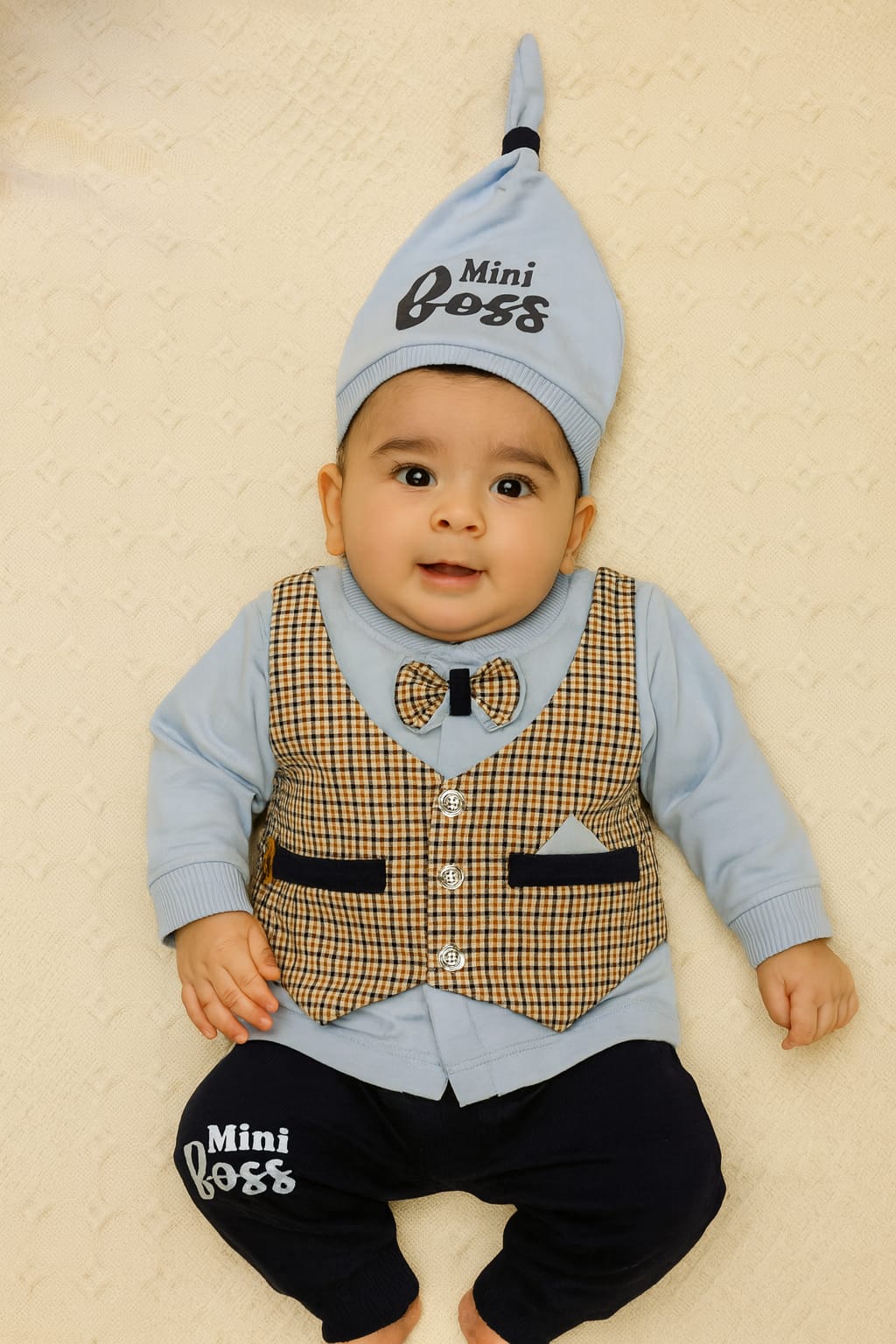 Mini Boss 3-Piece Baby Outfit – Ice Blue & Checkered