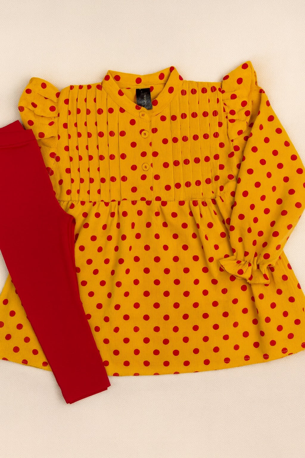 Girls' Yellow Polka Dot Top & Red Tights 2 piece Set: Katrai