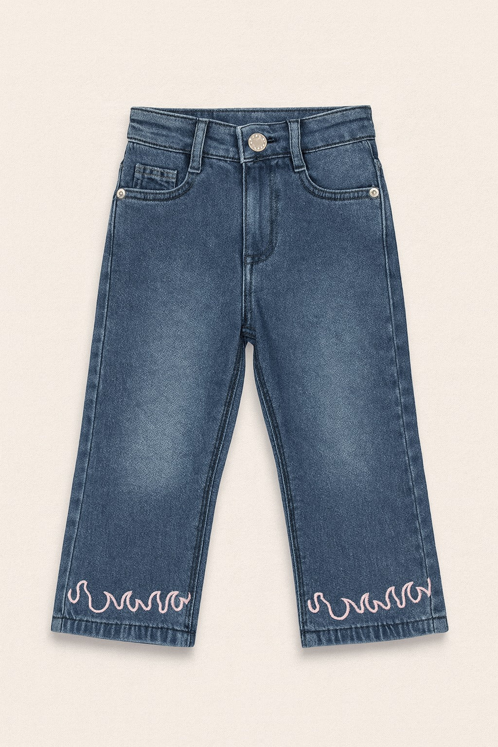 Denim Jeans with Pink Embroidery: Navy Blue