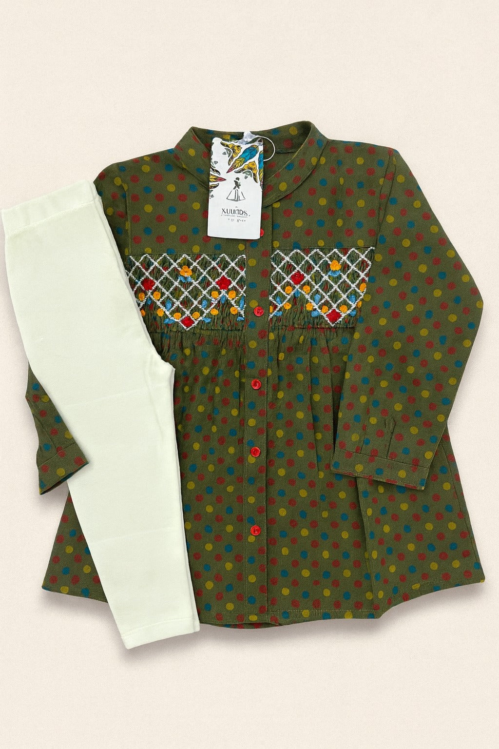 Girls' Olive Green Polka Dot Embroidered Top & Cream Tights Set