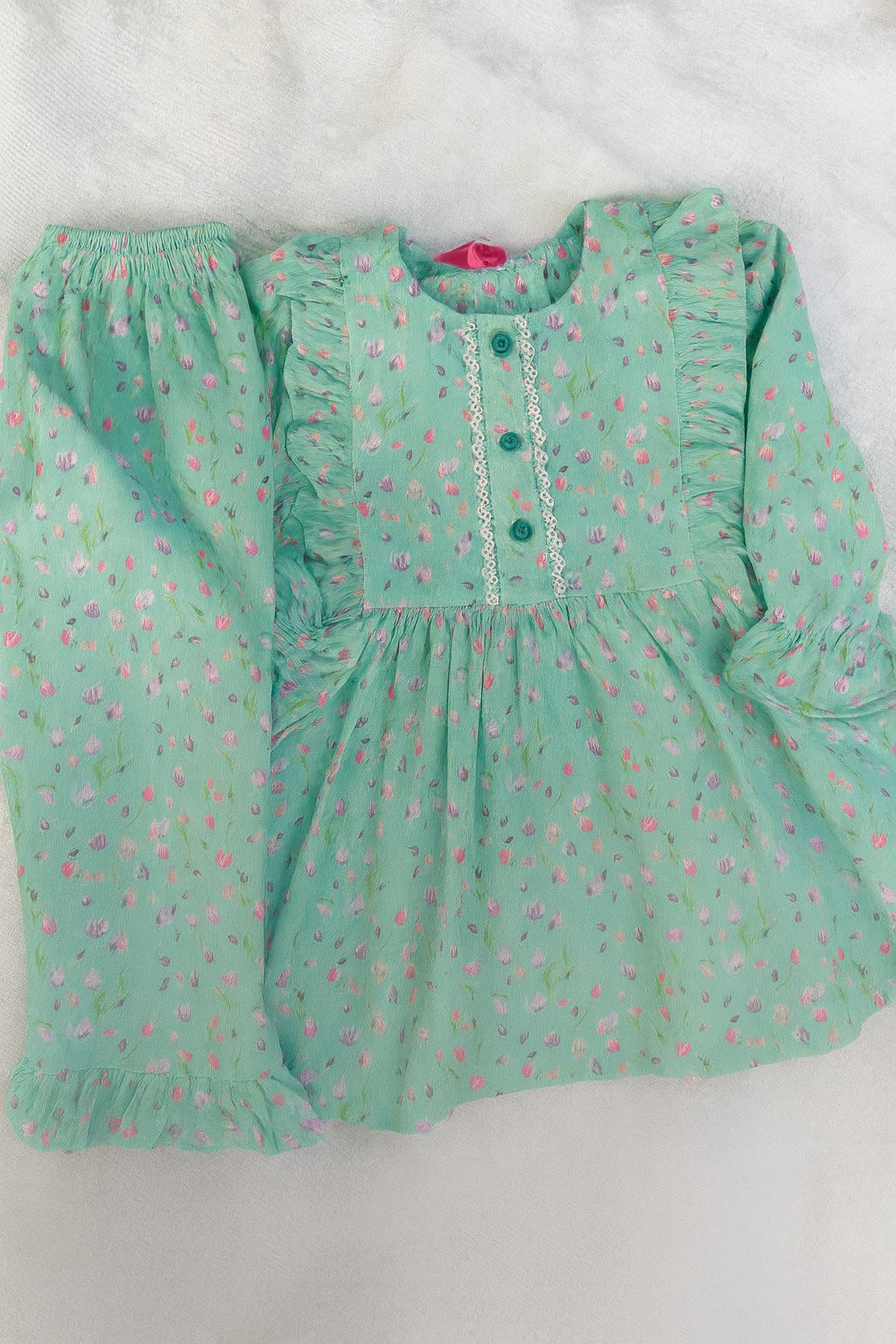 Mint Green Floral Girls' Frock & Trouser Set – Soft & Stylish Everyday Wear