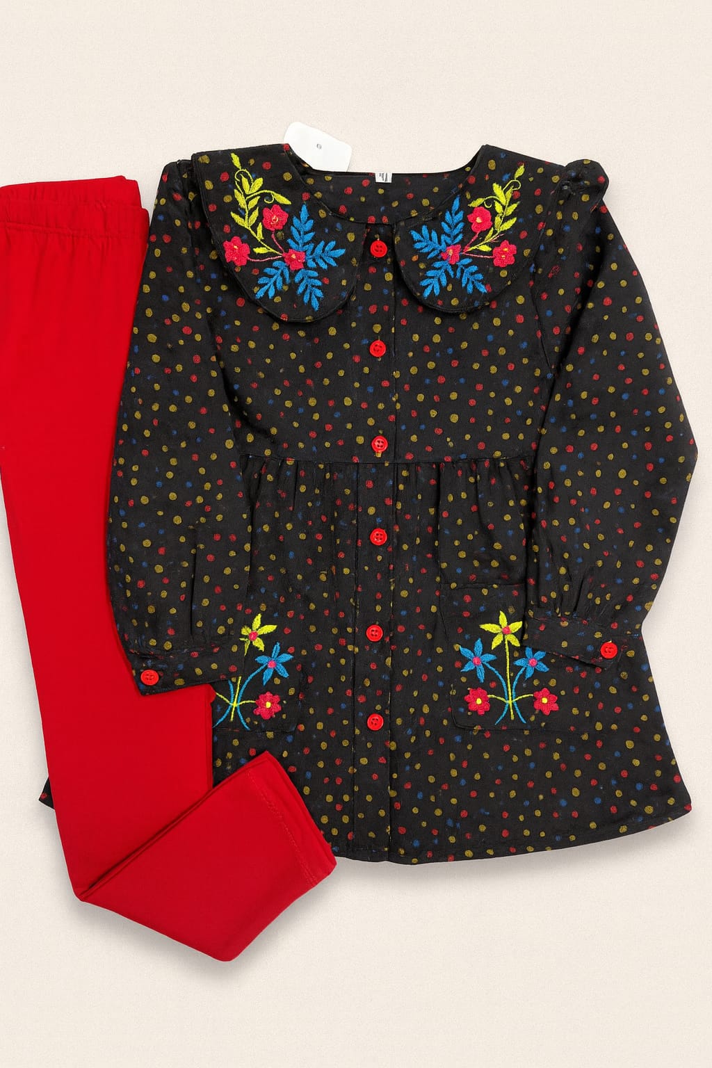 🌸 Girls' Embroidered Polka Dot Tunic Set – Black with Red Tights