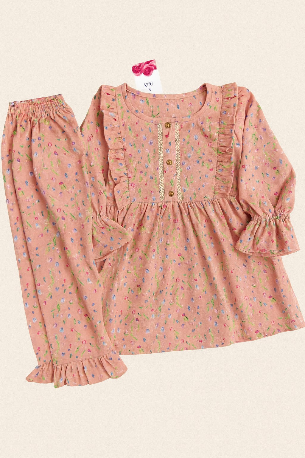 🌸 Soft Pink Floral Girls' Ruffle Kurti & Trouser Set – Elegant & Comfortable