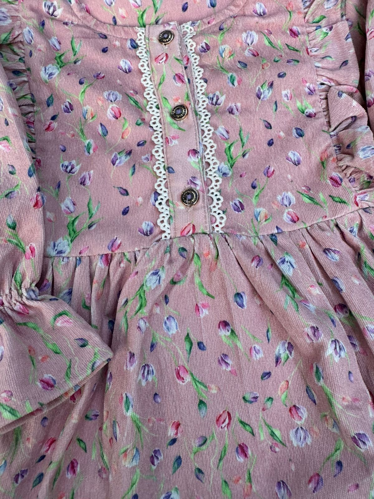 🌸 Soft Pink Floral Girls' Ruffle Kurti & Trouser Set – Elegant & Comfortable