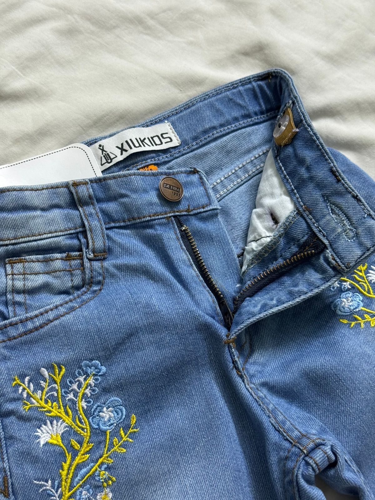 Denim- wide leg small yellow and blue flowers