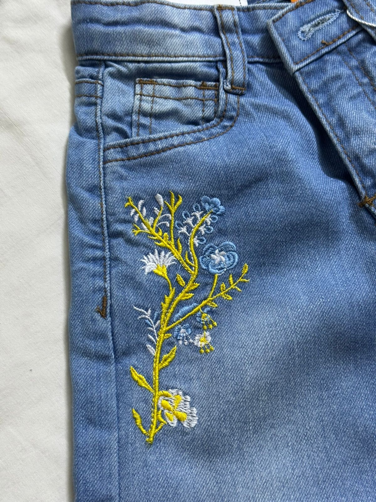 Denim- wide leg small yellow and blue flowers